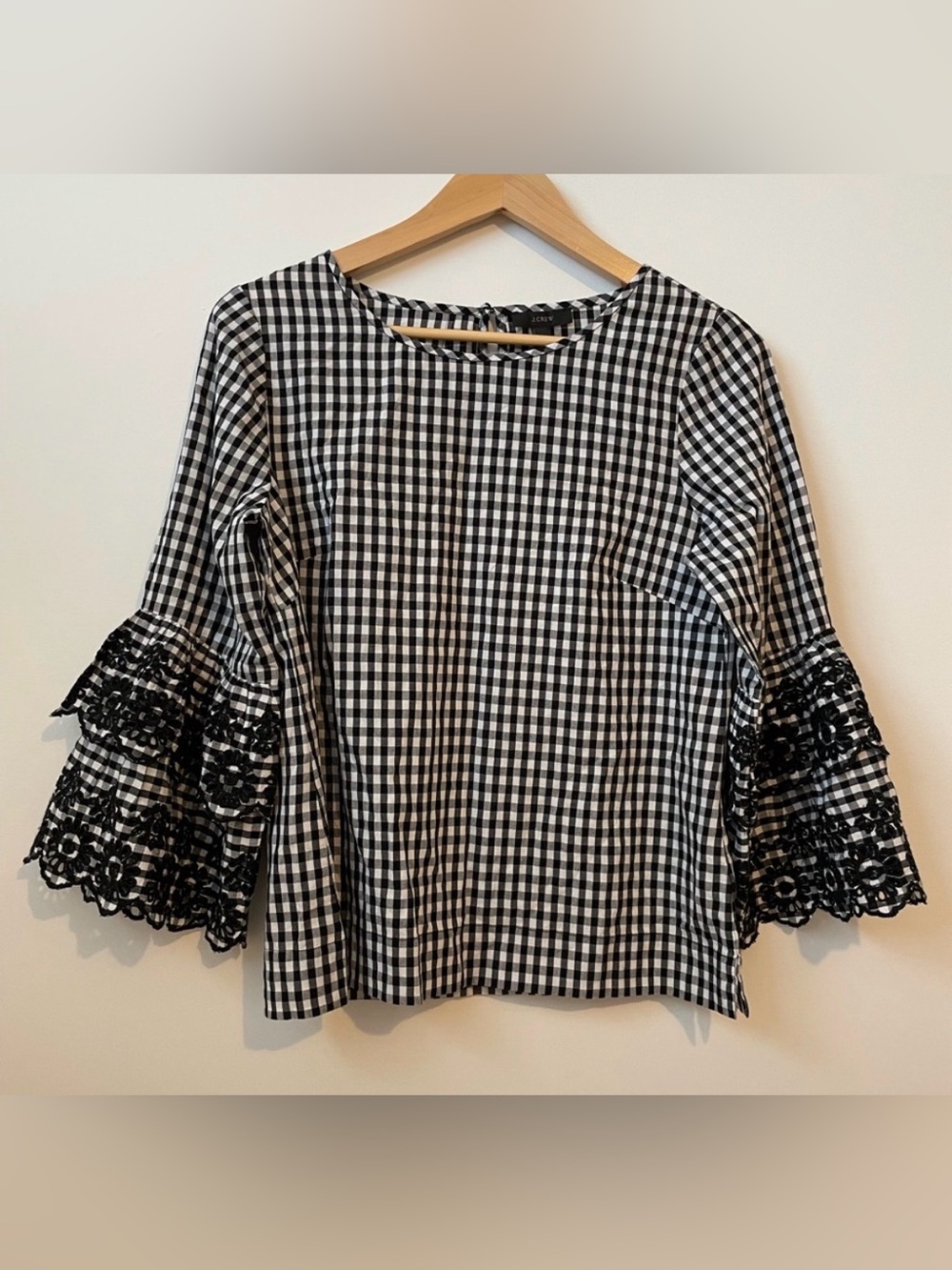 J. Crew Black & White Gingham Lace Bell Sleeve Blouse